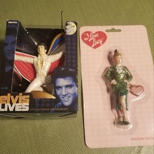 Vintage "Elvis Lives!" & "I LOVE LUCY" holiday ornaments in original packaging